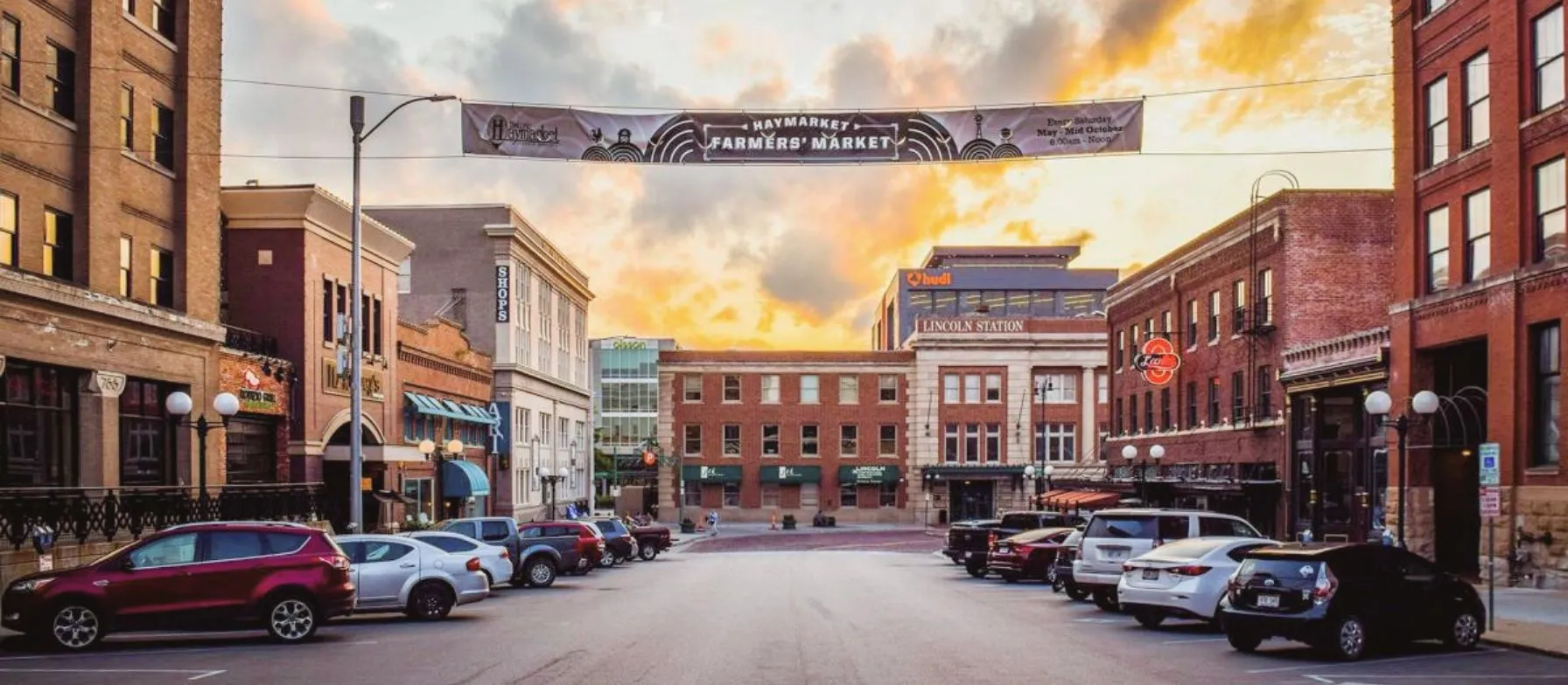 Lincoln Haymarket street view with a sunset