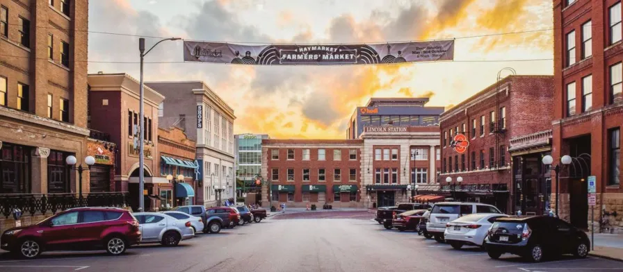 Lincoln Haymarket street view with a sunset